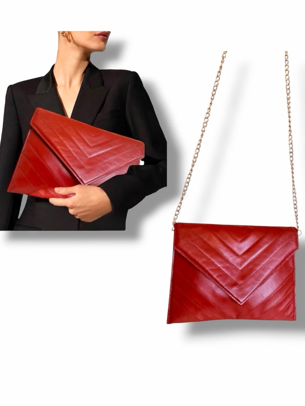 YSL Quilted Genuine Leather Bag Clutch Signature Classic Vintage Crimson Red